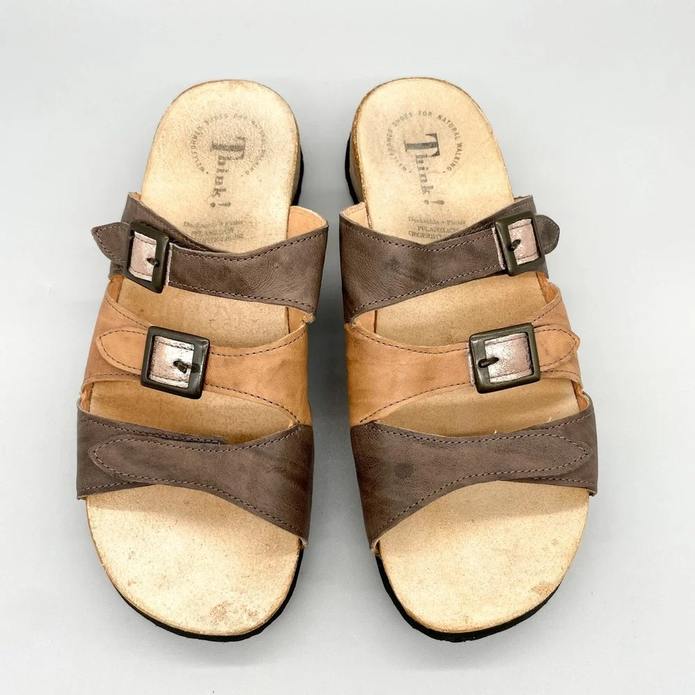 Think! Womens 40 Mizzi Multi Strap Brown Leather Cork Wedge Slide Sandals Buckle